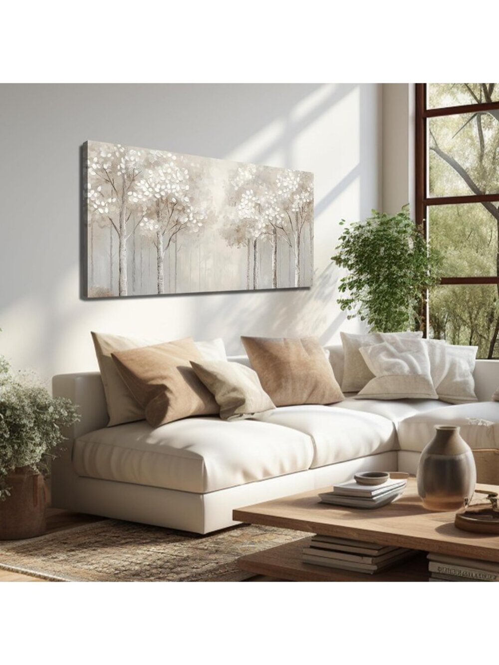 Large Forest Wall Art, Misty Birch Tree Canvas Print, Modern Landscape Decor